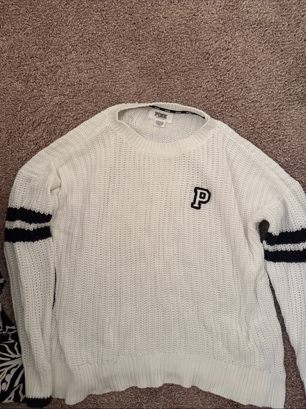 PINK Victoria's Secret White Crewneck Sweater with Black Stripe Accents